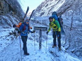 All smiles through the avalanche zone towards Machhapuchhre Base Camp with Manish