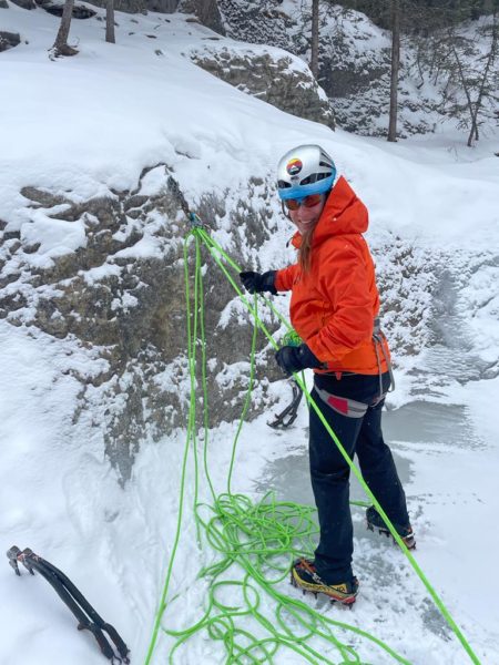 Belaying at top of first multi pitch on ice